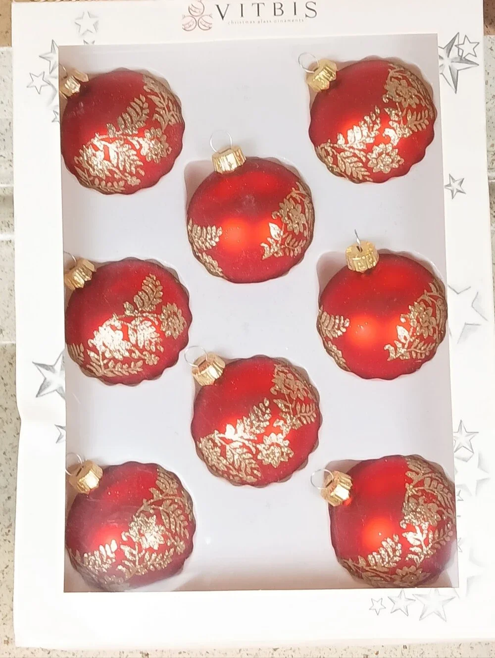 Vitbis Set of 8 Red Gold Sparkles Glass Christmas Ornaments 2.5